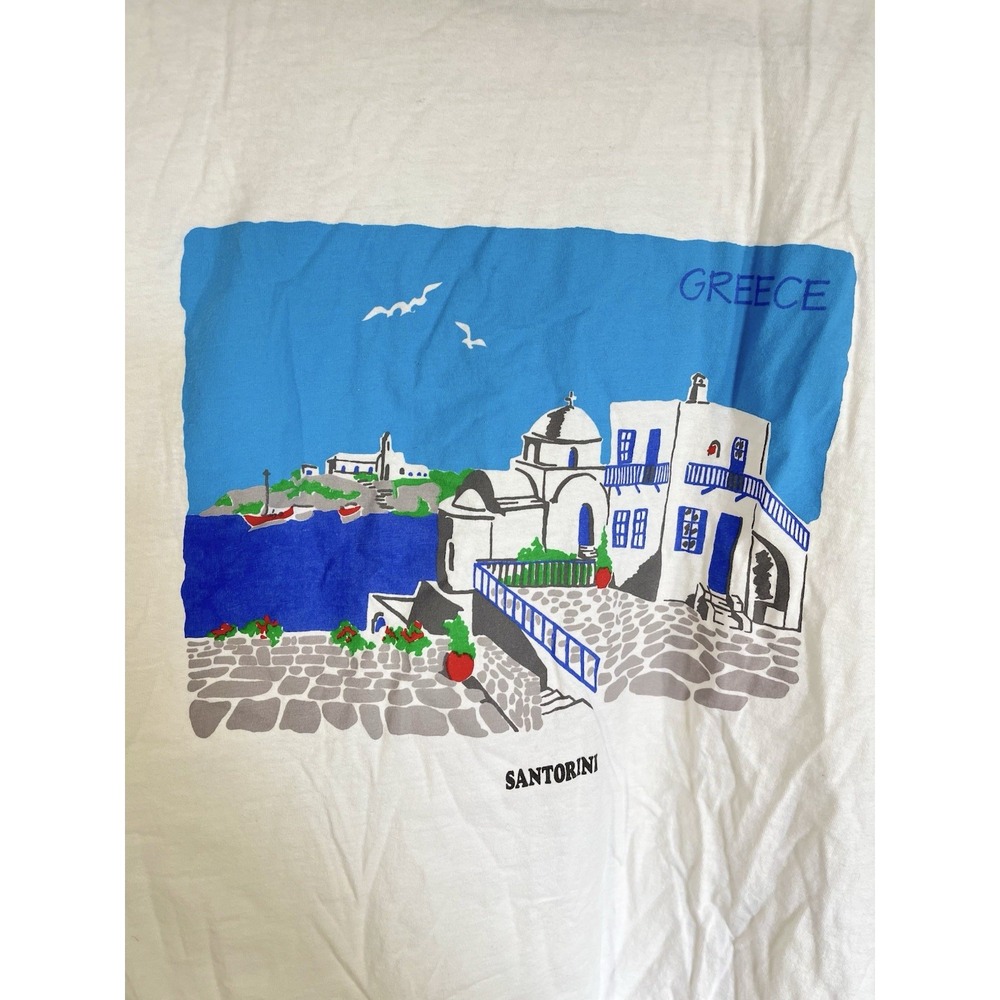 Santorini Greece T-Shirt Size XL Europe Athens Vacation Tee White Blue Cotton